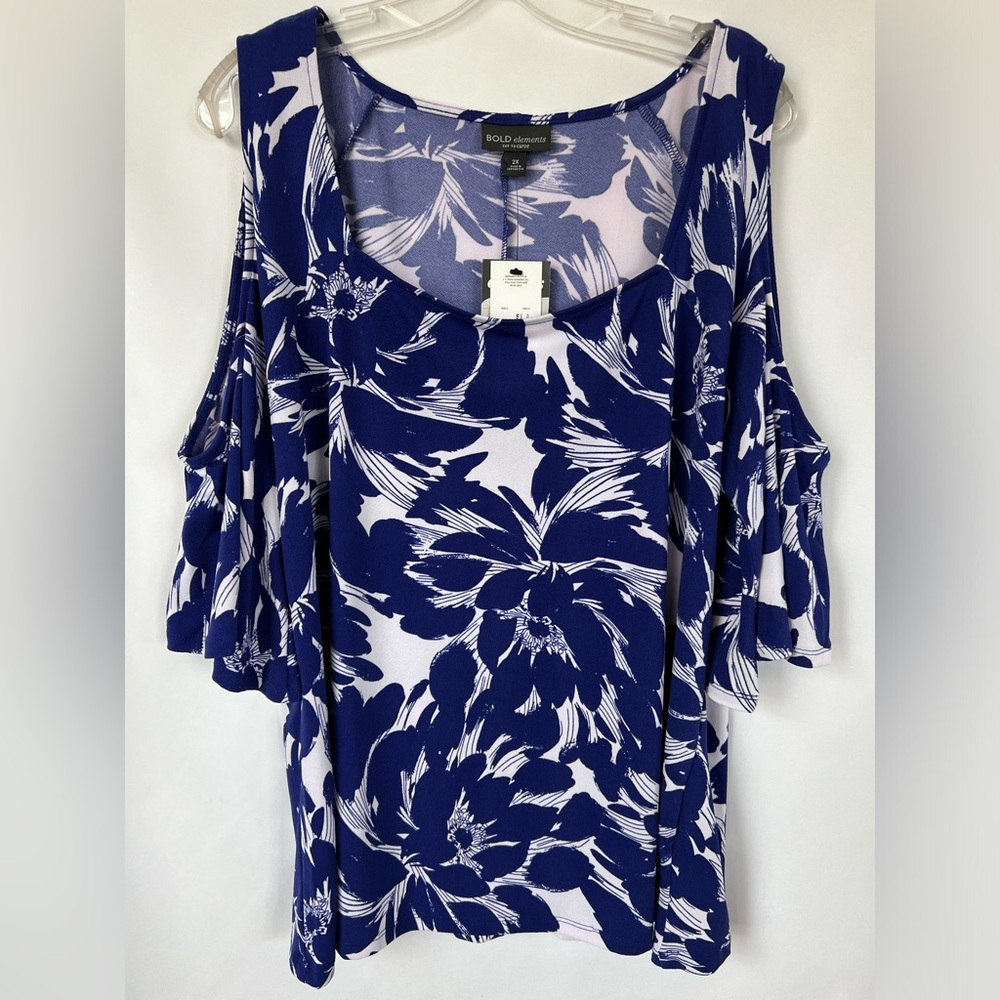Bold Elements Woman Cut to Curve Cold Shoulder Blue White‎ Floral Top Size 2X